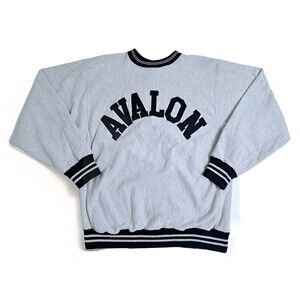 Vintage Champion Size XL Reverse Weave Avalon Varsity Gray Navy Blue 90s Sweater
